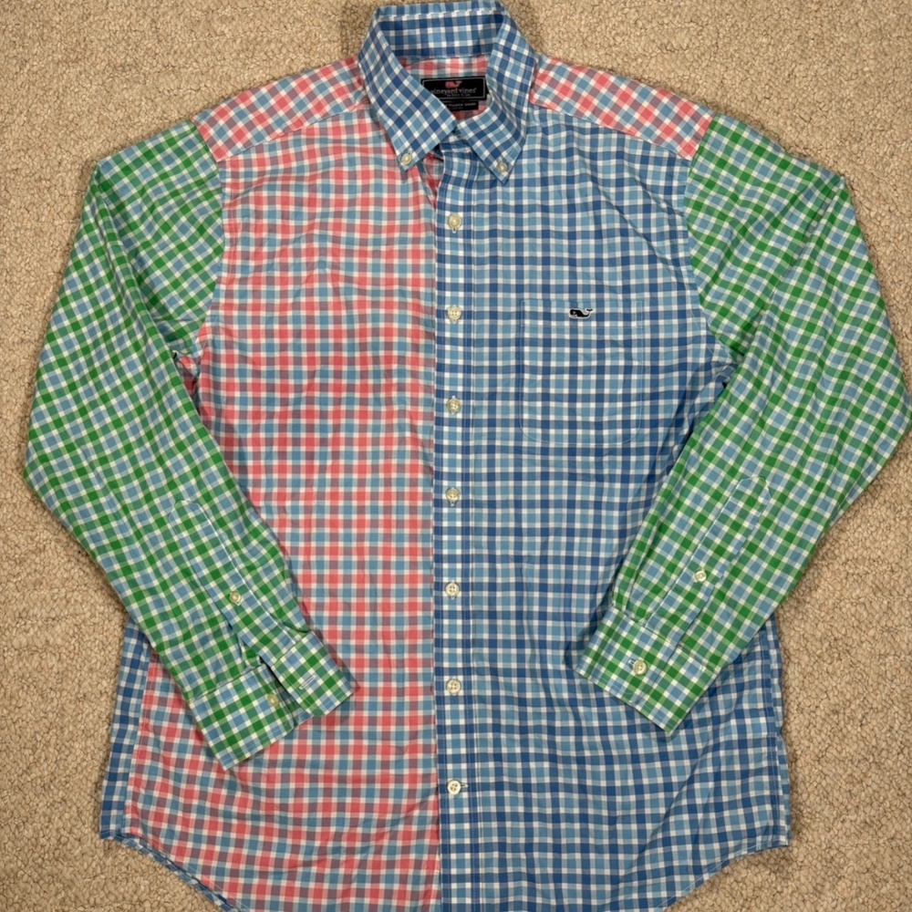 Vineyard Vines Preppy Shirt Mens L Gingham Check Color Block Button Down